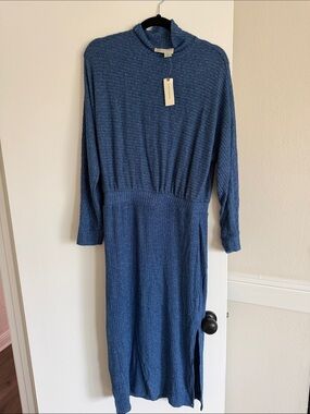 Women's Long Sleeve Knit Midi Dress in Denim Blue